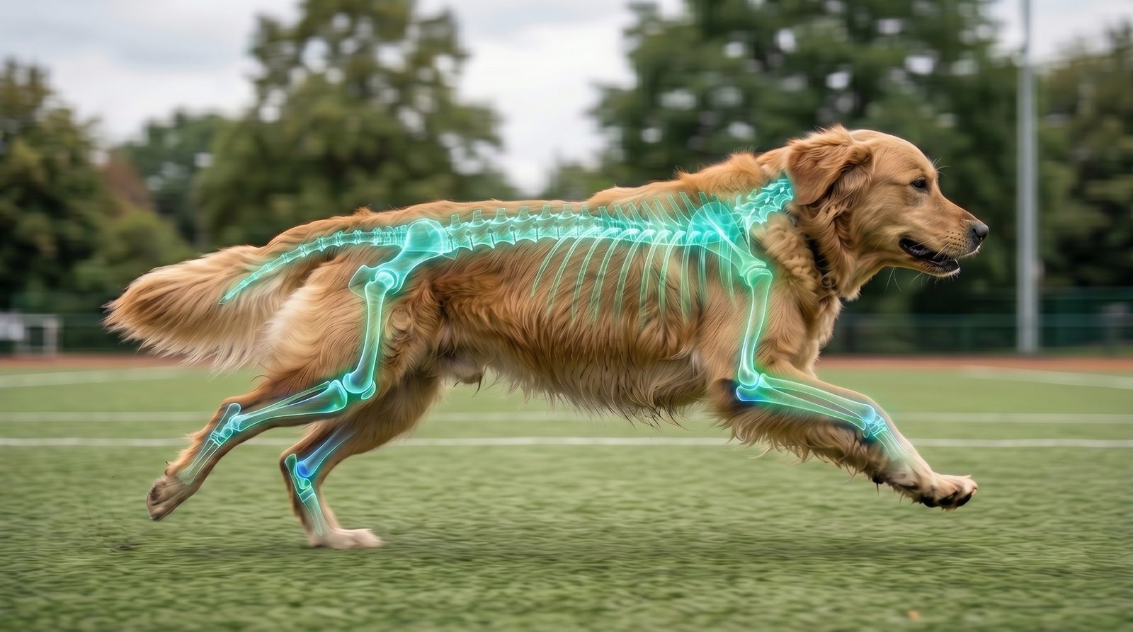 Golden retriever în alergare, cu scheletul luminat