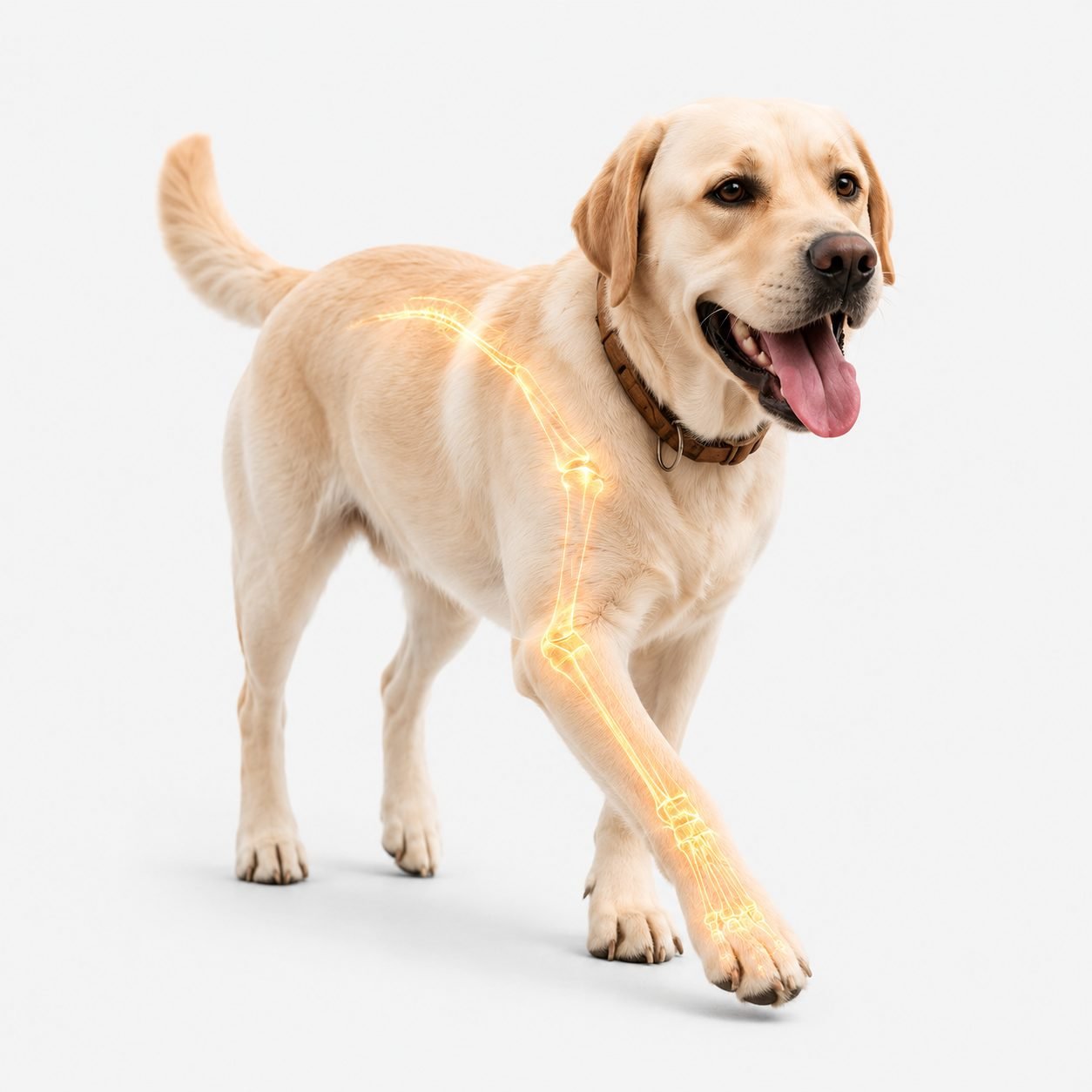 Labrador care merge, cu articulațiile luminate
