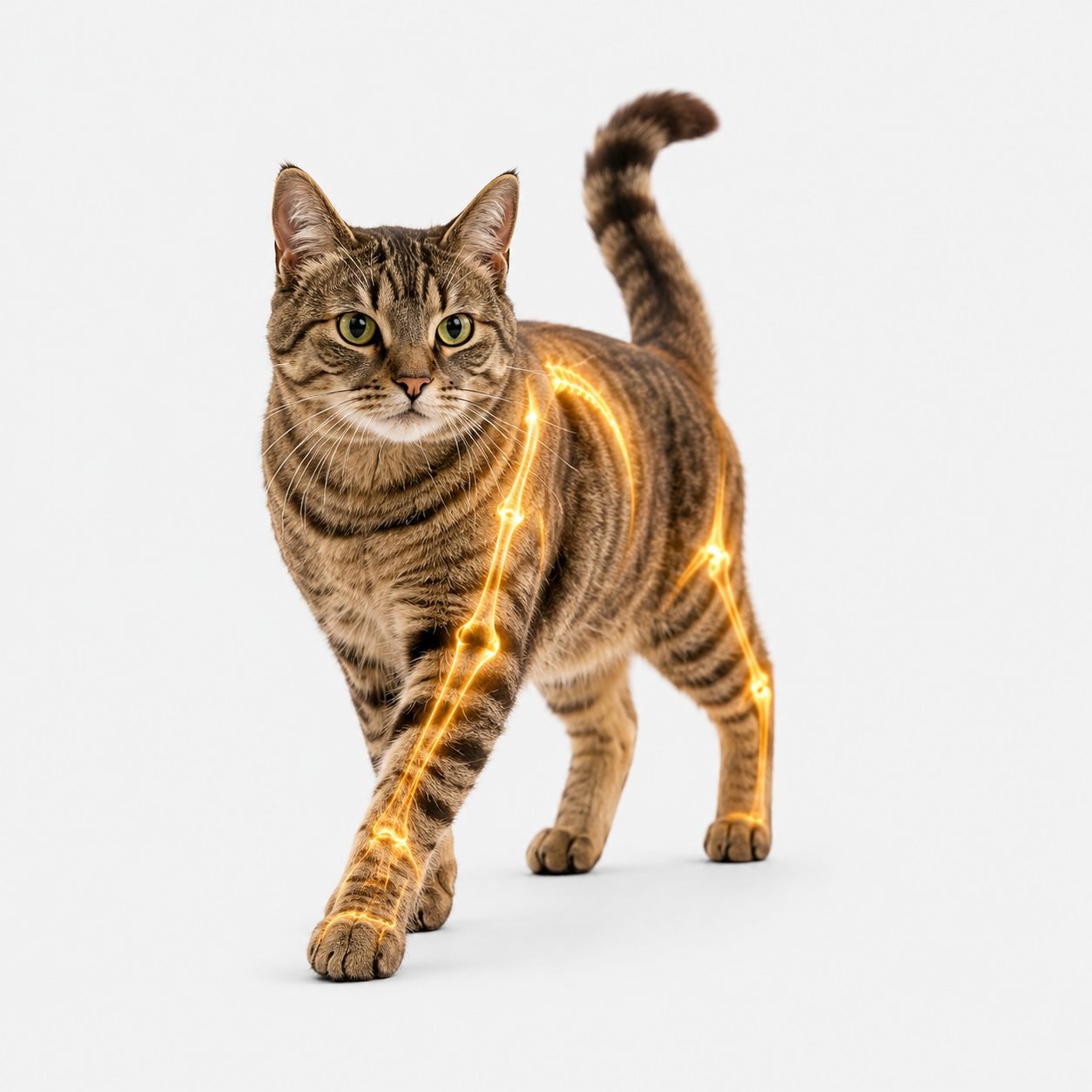 Pisică tigrată care pășește, cu articulațiile luminate